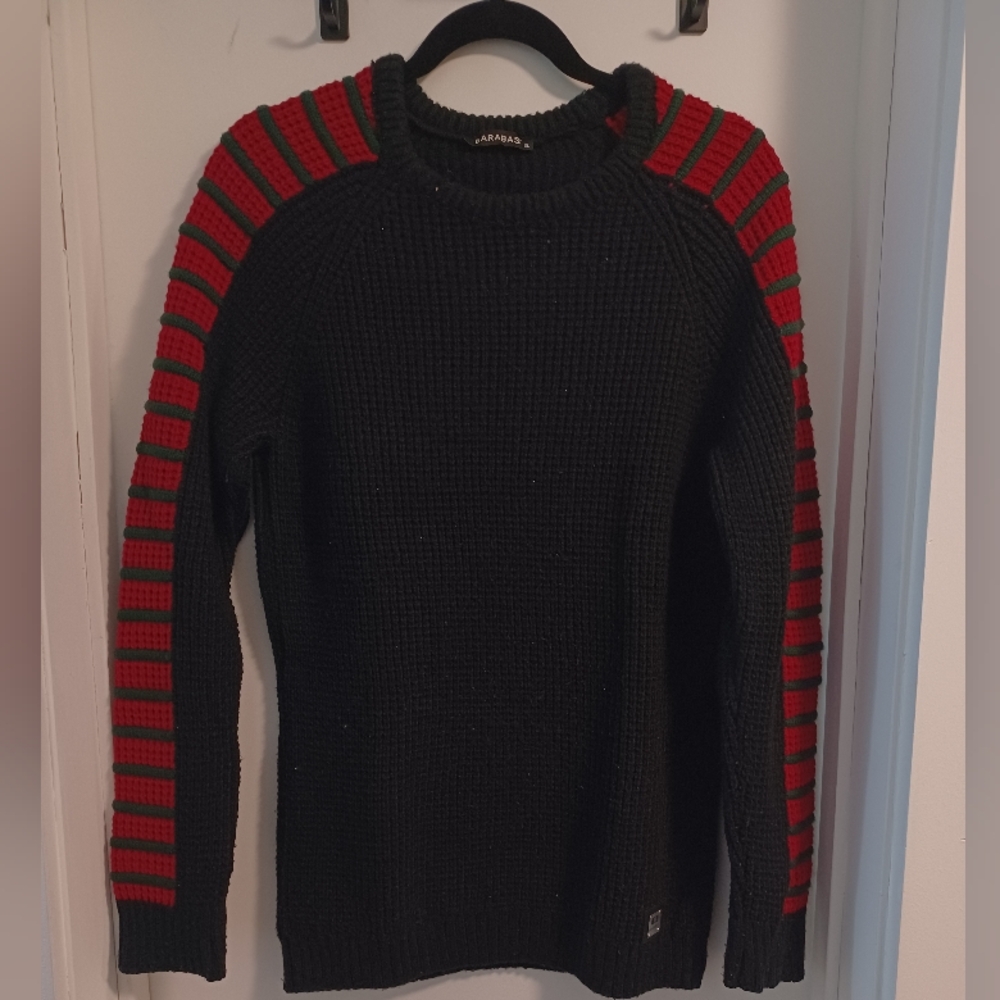 Black and Red Crewneck Sweater with Striped Sleeves